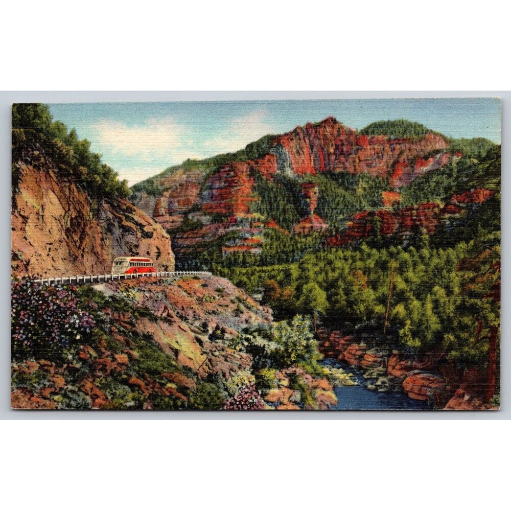 Vtg 1939 Linen Postcard Oak Creek Canyon AZ Hwy 79 Bus Flagstaff READ TRIMMED